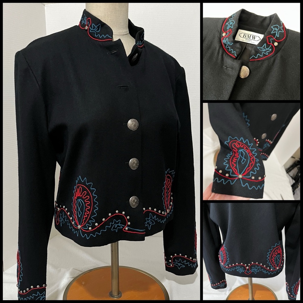 Black Embroidered Wool Short Jacket 1980s w Southwestern Conchos and studs